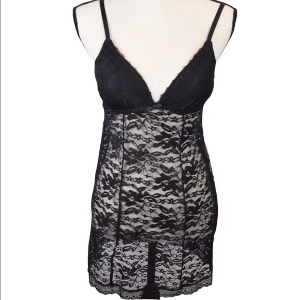 Linea Donatella Sheer Black Lace Chemise, Size Small